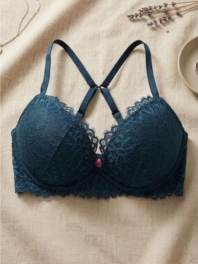 La Senza Teal All Over Lace Push Up Bra 32DDDD 32G Cage Straps Plunge Sweetheart